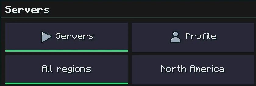 The hub's server menu: tabs for servers, profile, my servers and settings, and filters for all regions, North America, Europe and search.